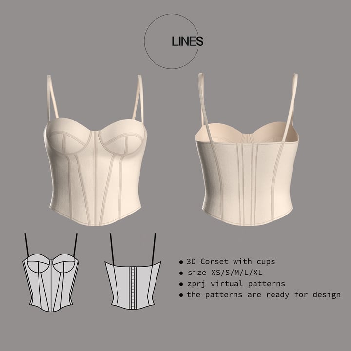 3D Woman Corset with cups, Patterns Size XL